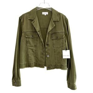 Bella Dahl Denim Jacket Women Large‎ Military Green Frayed Hem New